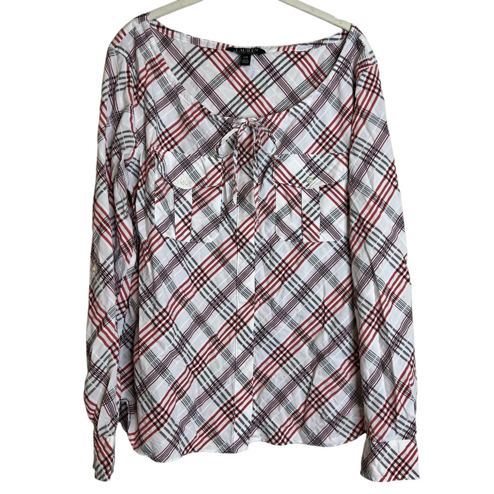 Lauren Ralph Lauren Womens Blouse Large White Plaid Tie Neck Long Sleeve Boxy